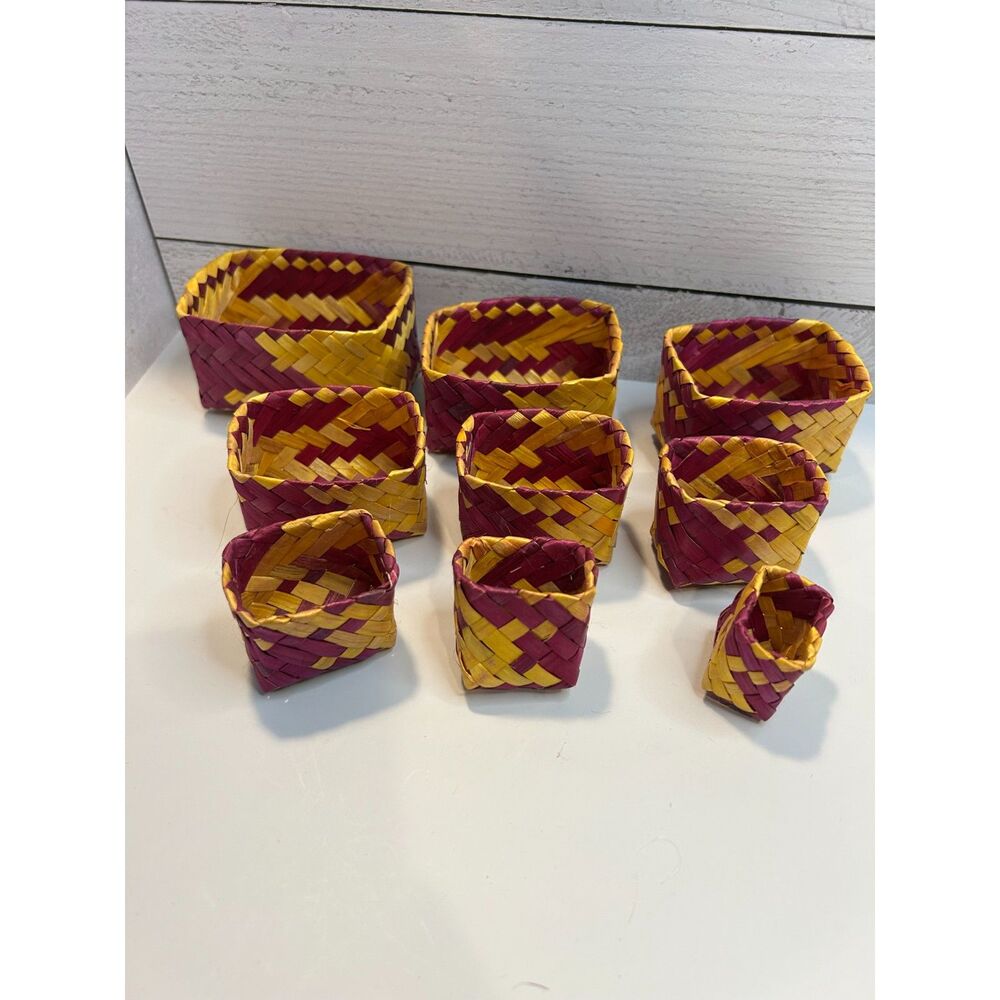 Ecuador Handwoven Nesting Basket Set 9 Mini Rattan Folk Art Trinket Baskets